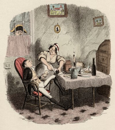 Monsieur Bumble observa a Noe Claypole y Charlotte - Mr Claypole como aparecía cuando su maestro estaba fuera - Ilustración para 