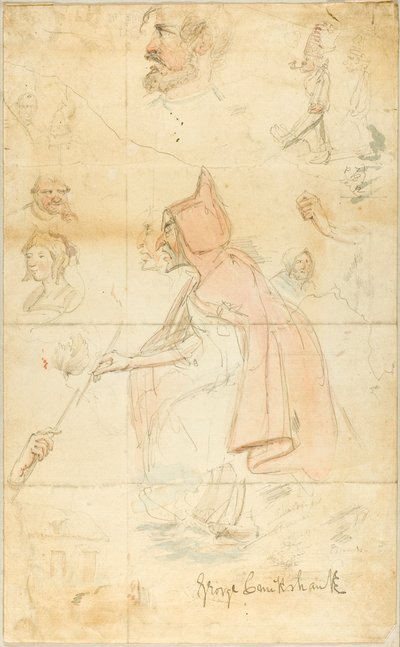 Madre Shipton (recto); Hoja de bocetos: Flor de Lis y figuras (verso) de George Cruikshank