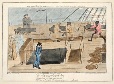 El Sr. B en la guardia media - sopla el viento frío y la lluvia se avecina, de El Progreso de un Guardiamarina, pub.1835 de George Cruikshank