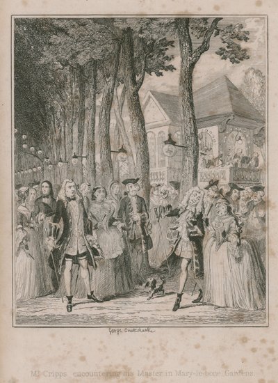 El Sr. Cripps encontrándose con su madre en los Jardines de Mary-le-bone de George Cruikshank