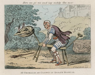 El Sr. Joseph Grimaldi como payaso en Dulce Domum de George Cruikshank