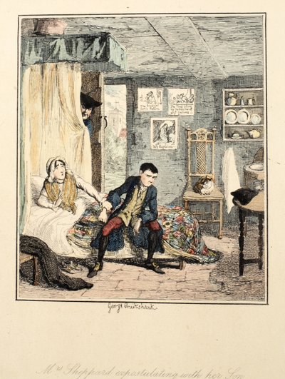 La señora Sheppard reprochando a su hijo, ilustración de Jack Sheppard: Una Novela de William Harrison Ainsworth, publicada 1839 de George Cruikshank