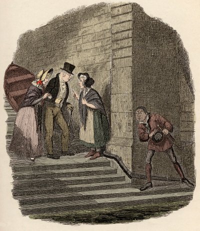 Noe Claypole espiando la cita secreta entre el Sr. Brownlow, Rose Maylie y Nancy - La reunión - Ilustración para “Oliver Twist” (Las aventuras de Oliver Twist) de Charles Dickens, por George Cruikshank. de George Cruikshank