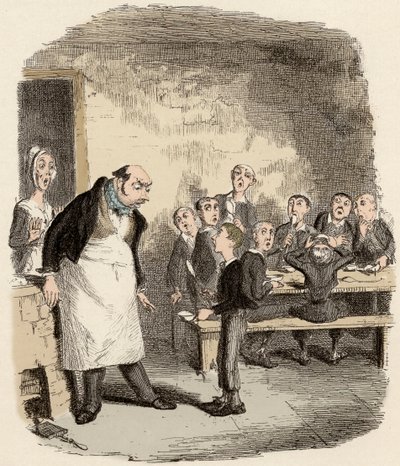 Oliver pide comida extra al supervisor del Hospicio de Niños - Ilustración para "Oliver Twist" de Charles Dickens de George Cruikshank