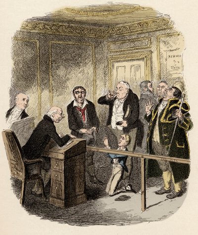 Oliver suplica al juez de menores que no lo deje en el aprendizaje de Gamfield - Ilustración para "Oliver Twist" de Charles Dickens de George Cruikshank