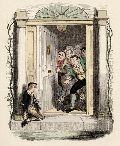 Oliver herido y exhausto pide ayuda - Ilustración para "Oliver Twist" de Charles Dickens de George Cruikshank