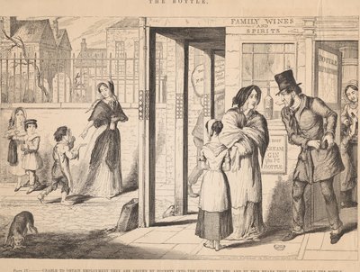 Lámina IV: Al no poder encontrar trabajo, la pobreza los empuja a las calles a mendigar de George Cruikshank