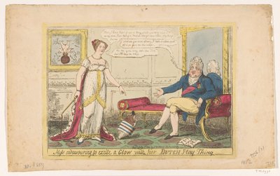 La princesa Charlotte jugó con su peonza holandesa, 1814 Señorita esforzándose por excitar un Resplandor con su Play Thing holandés (título en el objeto) de George Cruikshank