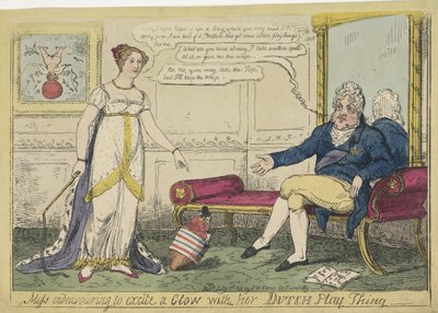 La princesa Charlotte jugó con su peonza holandesa, 1814 Señorita esforzándose por excitar un Resplandor con su Play Thing holandés (título en el objeto) de George Cruikshank