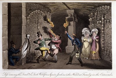 Paseo por las catacumbas - en “Life in Paris” por David Carey, ilustrado por Georges Cruikshank, ed. Faiburn, Londres de George Cruikshank