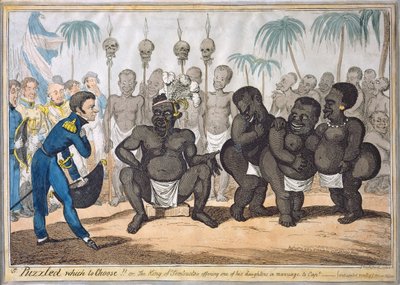 "¡Confundido sobre cuál elegir!!, o El rey de Tombuctú ofreciendo una de sus hijas en matrimonio al Capitán", después del Capitán E. Judel, pub. por G. Humphrey de George Cruikshank