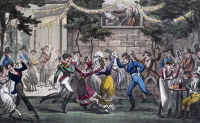 Cuadrilla en el salón de Marte, en los Campos Elíseos - en “Life in Paris” por David Carey, Londres de George Cruikshank