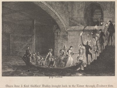 La Reina Jane y Lord Guilford Dudley devueltos a la Torre por la Puerta de los Traidores de George Cruikshank
