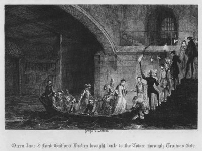 La Reina Jane y Lord Guilford Dudley traídos de vuelta a la Torre por la Puerta de los Traidores (grabado) de George Cruikshank