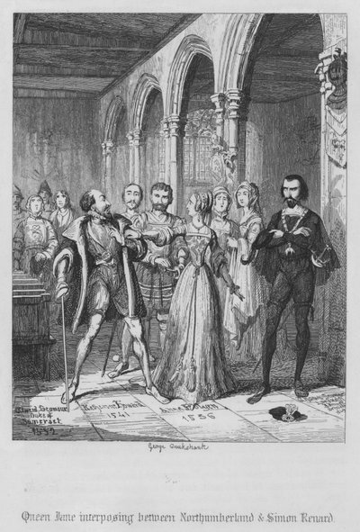 La reina Jane interponiéndose entre Northumberland y Simon Renard de George Cruikshank