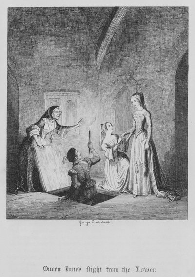 La huida de la Reina Jane de la Torre (grabado) de George Cruikshank