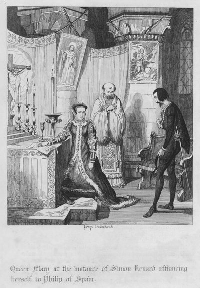 La reina María, a instancias de Simon Renard, comprometiéndose con Felipe de España de George Cruikshank