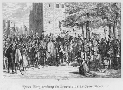 La reina María recibiendo a los prisioneros en la Torre Verde (grabado) de George Cruikshank