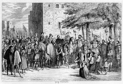 La reina María recibiendo a los prisioneros en la Torre Verde, 1553 de George Cruikshank