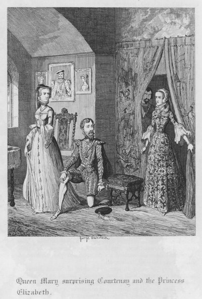 La Reina María sorprendiendo a Courtenay y la Princesa Isabel de George Cruikshank