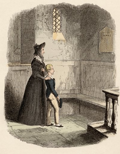 Rose Maylie y Oliver frente a la placa conmemorativa de Agnes, su hermana y madre - Rose Maylie y Oliver - Ilustración para “Oliver Twist” (Las aventuras de Oliver Twist) de Charles Dickens (1812-1870), por George Cruikshank (1792-1878) de George Cruikshank