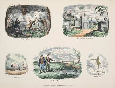 Recortes y bocetos: Preservación, Un asentamiento africano, Espátula, Molestia, Un hombre vano, pub. 1831 de George Cruikshank