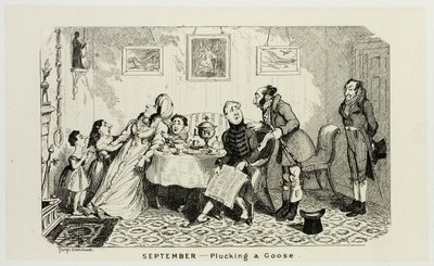 Septiembre - Desplumando un ganso de los grabados en acero de George Cruikshank para The Comic Almanacks: 1835-1853 de George Cruikshank
