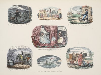 Serie de Ilustraciones sobre las Ventajas y Desventajas de Poseer una Pierna de Madera, pub. 1828 de George Cruikshank