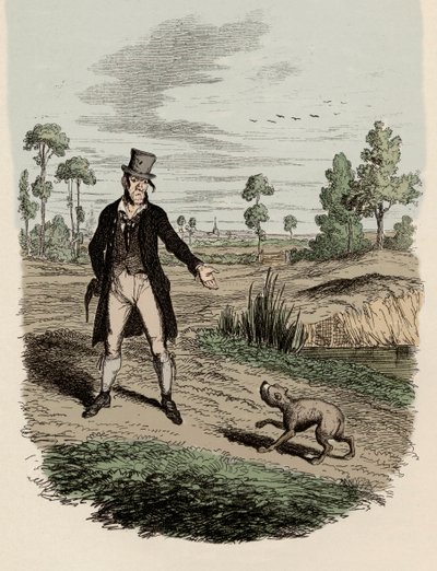 Sikes intentando abandonar a su perro - Ilustración para “Las aventuras de Oliver Twist” de Charles Dickens (1812-1870), por George Cruikshank (1792-1878) de George Cruikshank