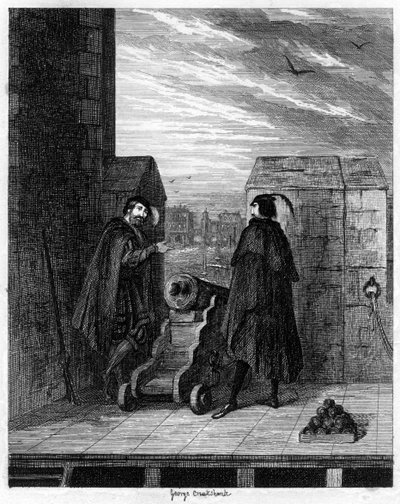 Simon Renard y Winwike el guardián en el techo de la Torre Blanca, 1553 de George Cruikshank