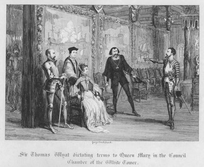 Sir Thomas Wyat dictando términos a la Reina María en la Sala del Consejo de la Torre Blanca de George Cruikshank