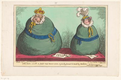 Spotprent op koning George IV en koningin Caroline, 1820 ¡Ay! Seguro que tal pareja nunca se vio tan justamente formada para encontrarse por naturaleza (título sobre el objeto) de George Cruikshank