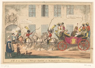 Spotprent op prinses Caroline, 1817 ¡Una visita de R-Y-L a una capital extranjera o el embajador no está en casa! (título en el objeto) de George Cruikshank