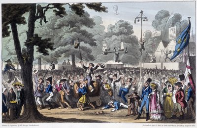 Fiesta de San Luis: la canalla en Life in Paris de David Carey, Londres de George Cruikshank