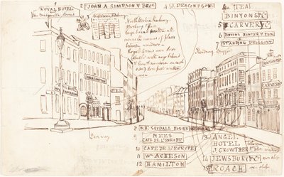 Perspectiva de calle con lugares de negocios etiquetados de George Cruikshank