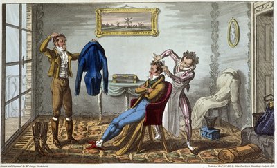 Sastre y peluquero a domicilio - en "Life in Paris" por David Carey, ill. por George Cruikshank, ed. Fairburn, Londres de George Cruikshank
