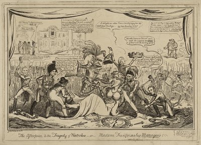 El epílogo (sic) a la tragedia de Waterloo o Madame François y sus gerentes!!!, publicado el 9 de noviembre de George Cruikshank