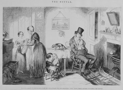 La Botella, Placa II, Es despedido de su empleo por embriaguez: empeñan su ropa para abastecer la botella, 1847 de George Cruikshank
