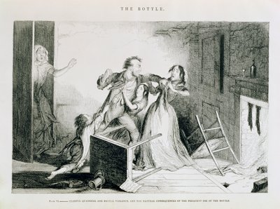 La botella, Placa VI, Peleas temibles y violencia brutal son las consecuencias naturales del uso frecuente de la botella, 1847 de George Cruikshank