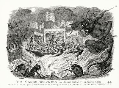 La sartén del demonio, o Festival Anual de la Tontuna y el Vicio bajo la Sanción del Alcalde y el Honorable Tribunal de Concejales! En la Era del Intelecto!! (grabado) de George Cruikshank