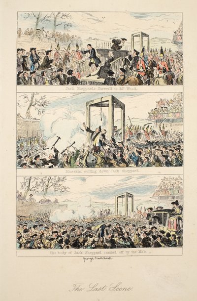 La última escena, ilustración de "Jack Sheppard: A Romance" de William Harrison Ainsworth, publicado en 1839 (grabado coloreado a mano) de George Cruikshank