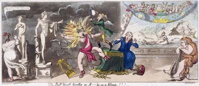 El Apolo de Pall Mall o, ¡R...ty en llamas! 1816 (grabado coloreado) de George Cruikshank