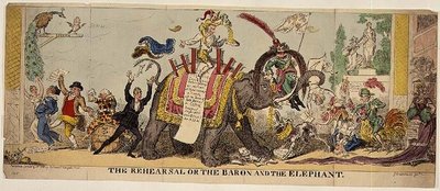 El ensayo o el barón y el elefante, impresión satírica sobre las producciones elaboradas de Kemble en el Teatro Covent Garden con animales de George Cruikshank