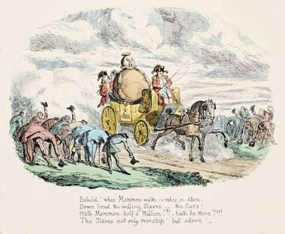 El culto a la riqueza, pub. 1834 (grabado coloreado a mano) de George Cruikshank