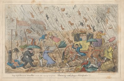 ¡¡¡Tiempo muy desagradable, o, el viejo refrán verificado "lloviendo gatos, perros y horcas"!!! de George Cruikshank