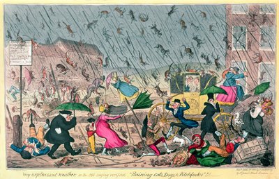 Clima muy desagradable, o el viejo dicho verificado: ¡lloviendo gatos, perros y horquillas!, pub. por G. Humphrey, 1820 de George Cruikshank
