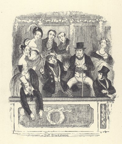 Espectadores victorianos abarrotan un palco en un teatro de Londres (grabado) de George Cruikshank