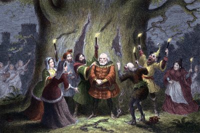 William Shakespeare Las alegres comadres de Windsor, obra estrenada en 1597 o 1600. Falstaff, después de haber mantenido su supuesta cita con Mistress Ford en el bosque de Windsor como Herne el Cazador y de haber sido pellizcado y golpeado por "hadas" dice de George Cruikshank