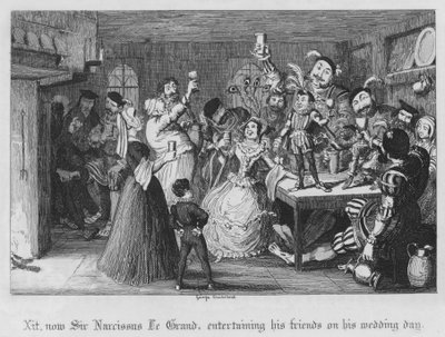 Xit, ahora Sir Narcissus Le Grand, entreteniendo a sus amigos en el día de su boda de George Cruikshank
