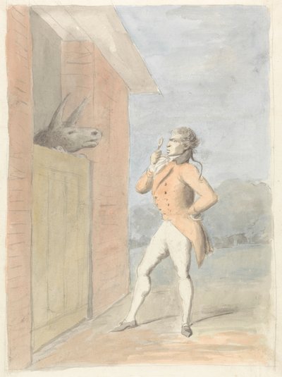 Un dandi cuestionando la cabeza de una mula vista sobre la puerta de un establo de George Dance